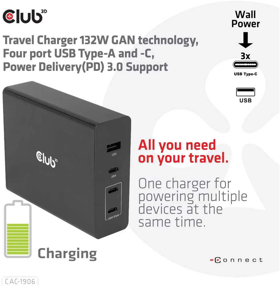 Club 3D 1x USB-A įkroviklis 3x USB-C (CAC-1906)