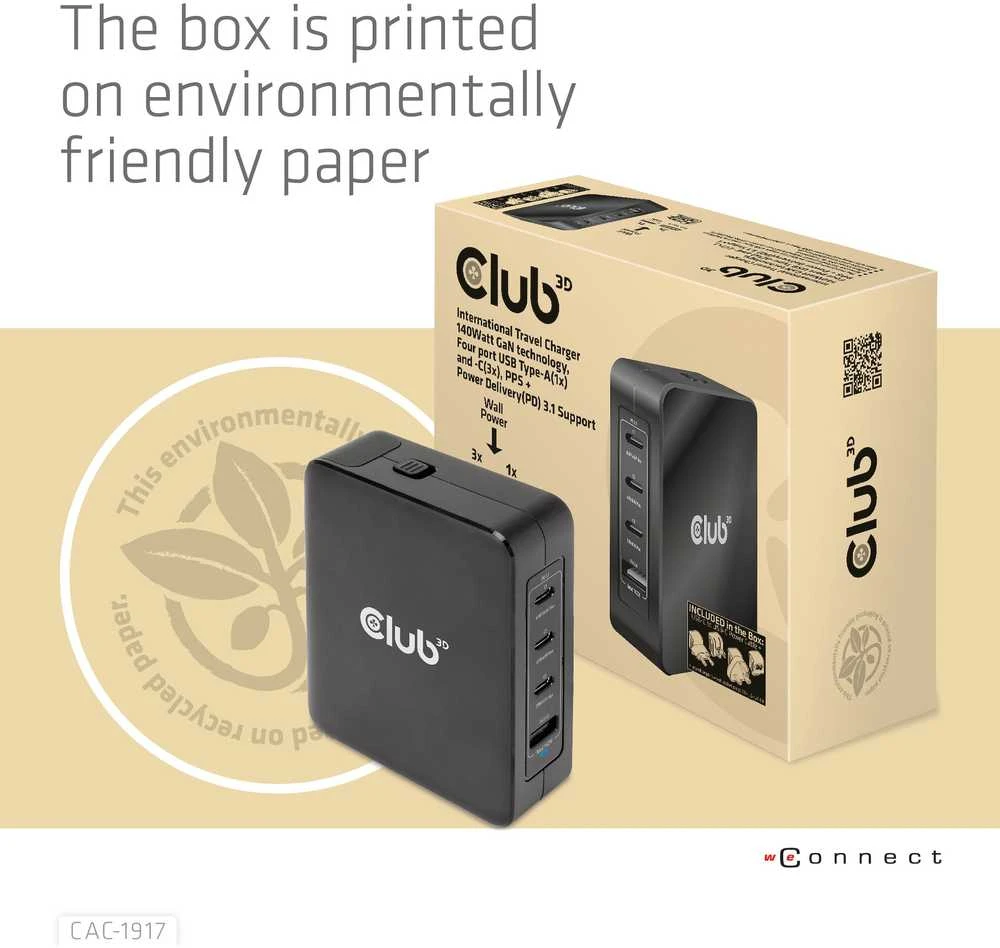 Įkroviklis Club 3D travel GaN 1x USB-A 3x USB-C 140W (CAC-1917)