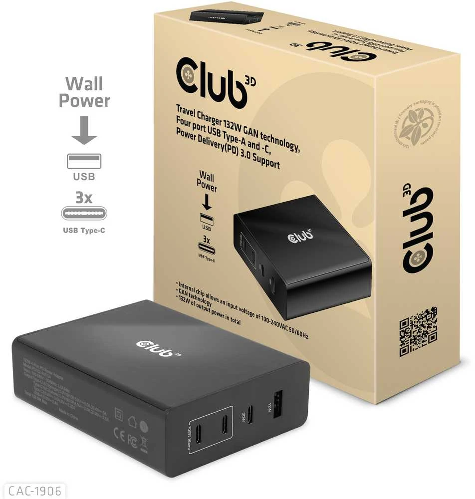Club 3D 1x USB-A įkroviklis 3x USB-C (CAC-1906)
