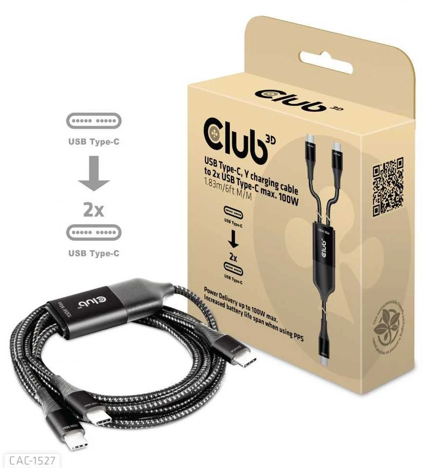 CLUB 3D CAC-1527 USB Type-C, Y įkrovimo laidas su 2x USB Type-C max. 100W, 1,83m