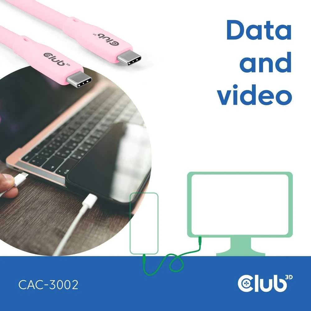 Club 3D Club3D Lifestyle USB-C Kabelis PD 240W,20Gbps 2m rožinė St/St mažmeninė prekyba