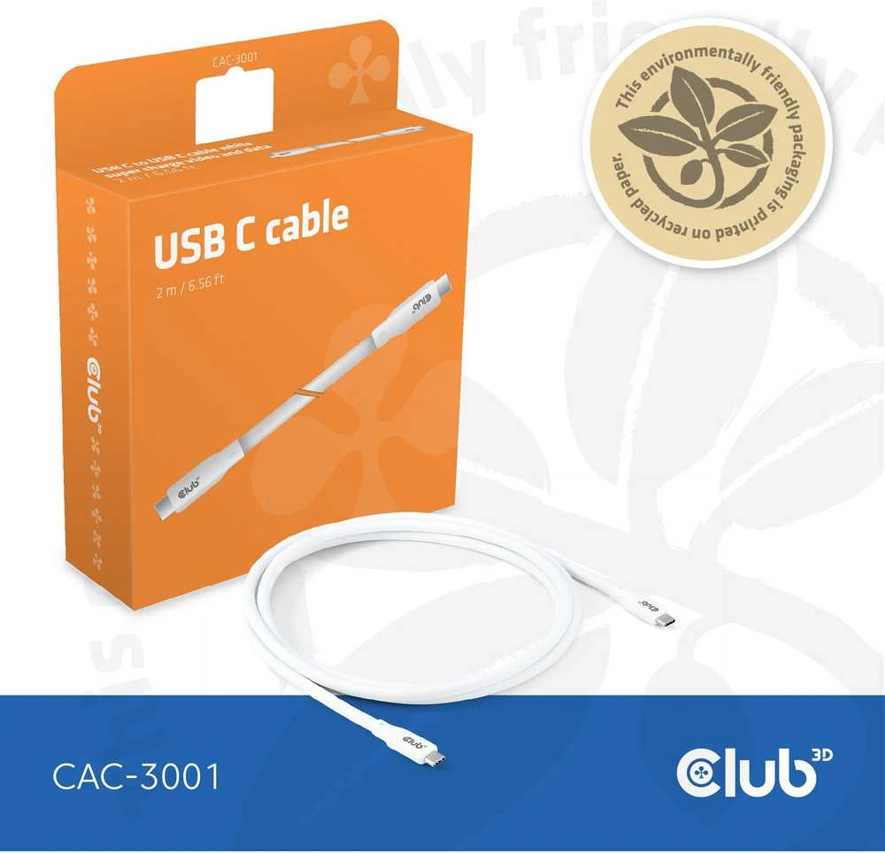 Club 3D Club3D Lifestyle USB-C Kabelis PD 240W,20Gbps 2m baltas St/St mažmeninė prekyba