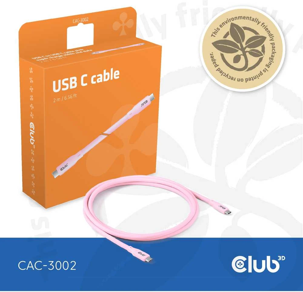 Club 3D Club3D Lifestyle USB-C Kabelis PD 240W,20Gbps 2m rožinė St/St mažmeninė prekyba