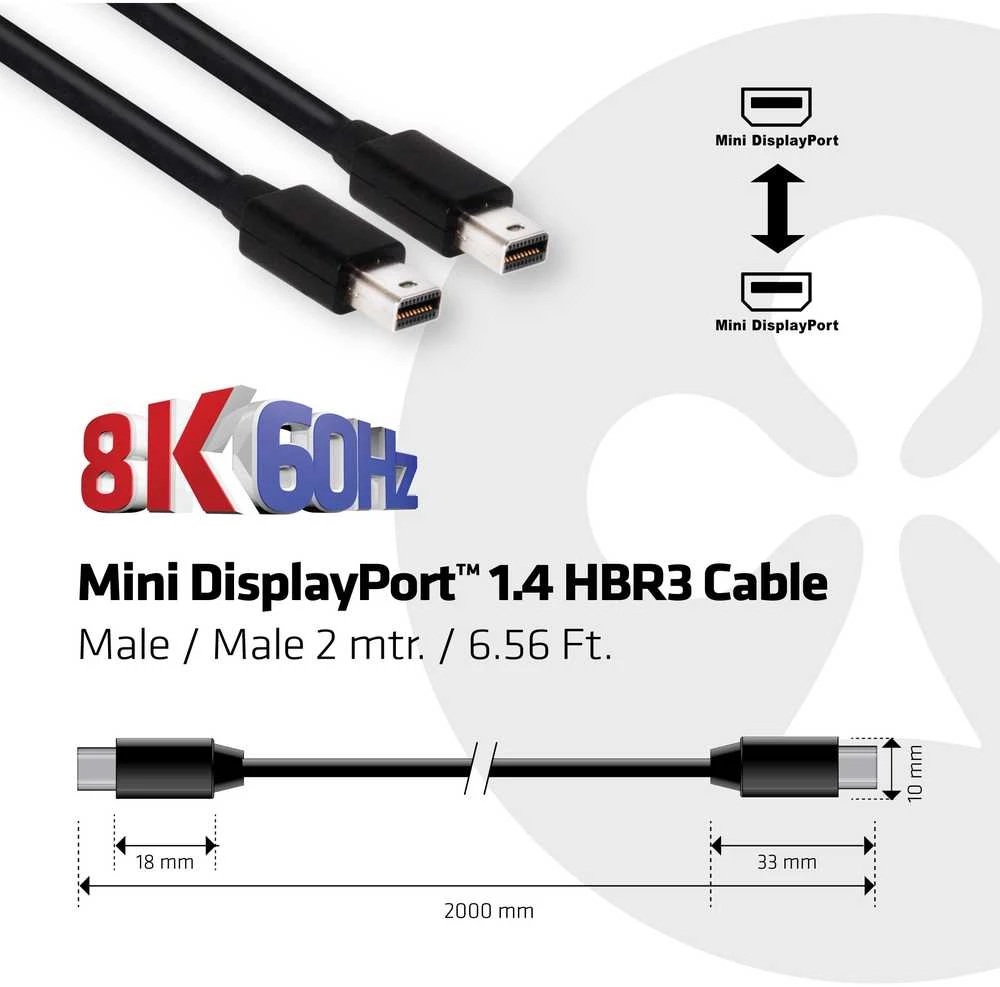 Club 3D Club3D Mini-DP-Kabelis 1.4 HBR3 32,4Gb/s 2m 8K60Hz St/St mažmeninė prekyba