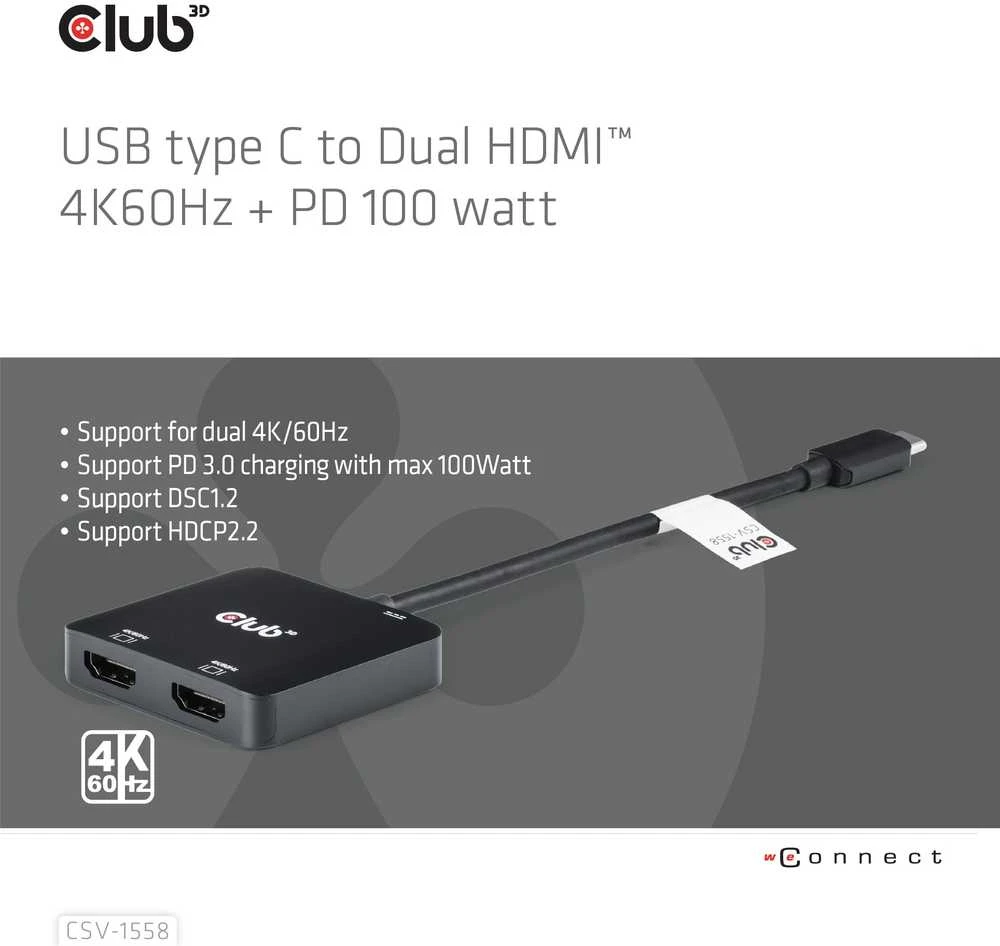 Club 3D Club3D vaizdo šakotuvas MST USB-C su 2xHDMI + USB-C PD 3.0, 4K60Hz