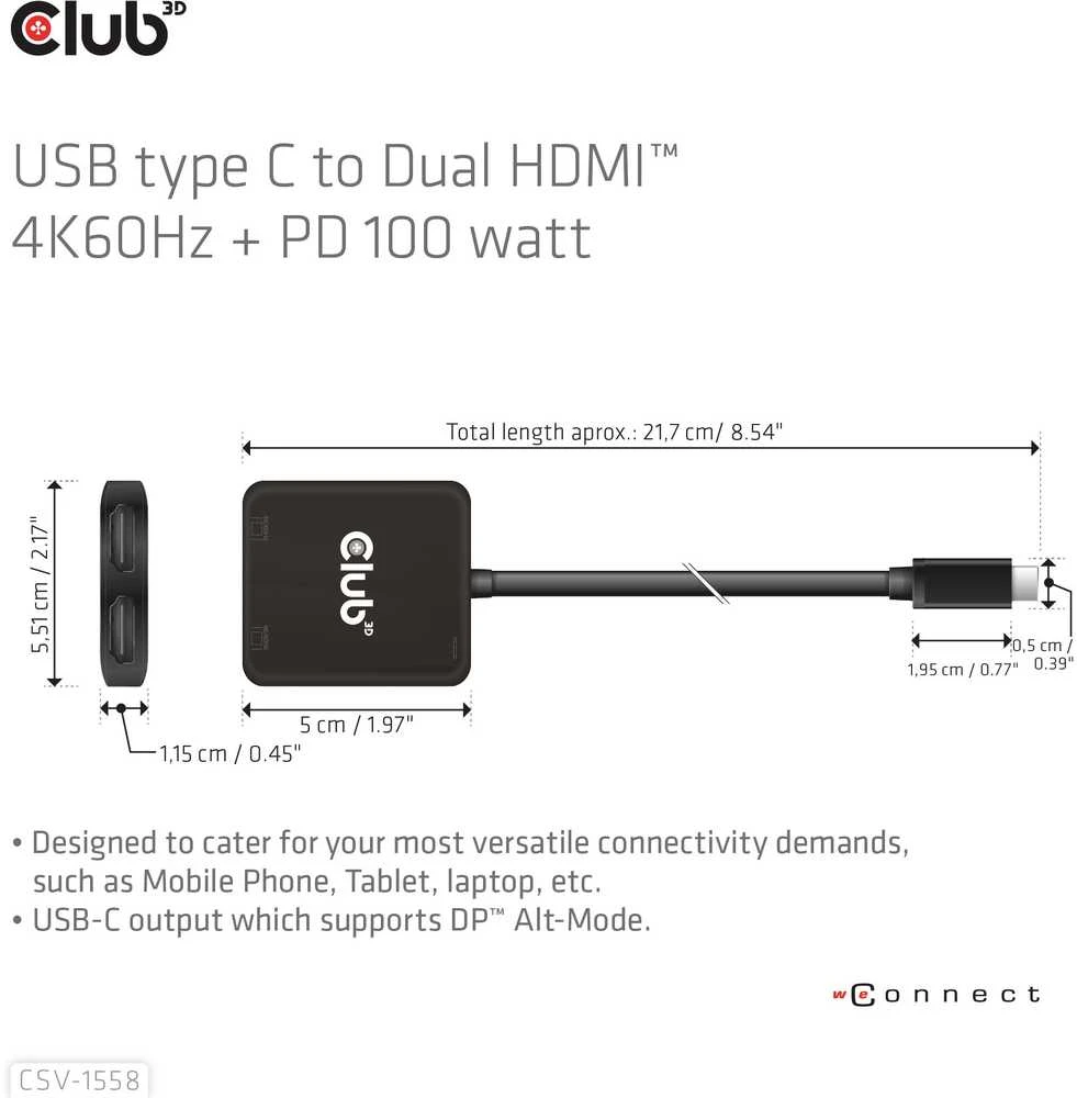 Club 3D Club3D vaizdo šakotuvas MST USB-C su 2xHDMI + USB-C PD 3.0, 4K60Hz