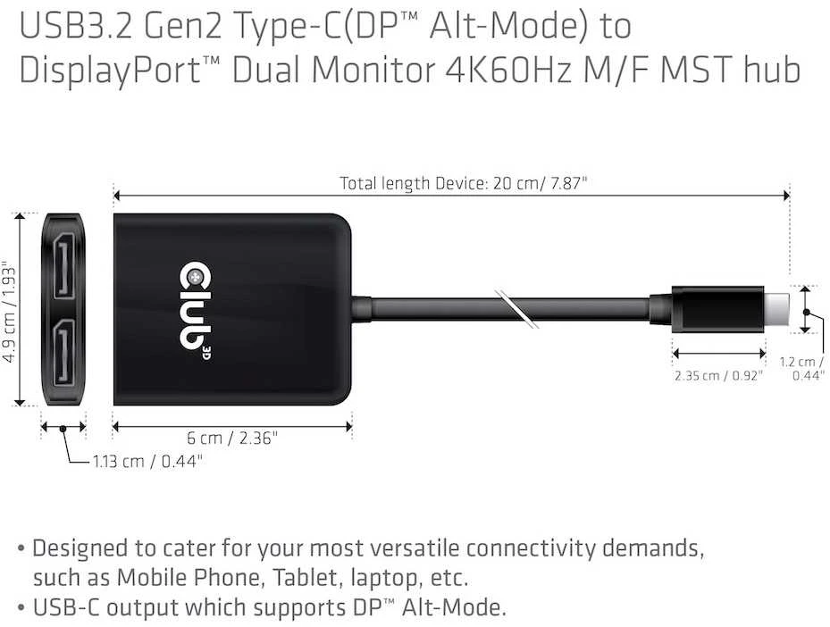Club 3D CLUB3D CSV-1555 šakotuvas MST USB-C su 2x DISplayPort