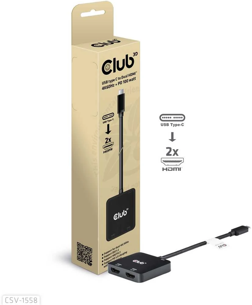 Club 3D Club3D vaizdo šakotuvas MST USB-C su 2xHDMI + USB-C PD 3.0, 4K60Hz