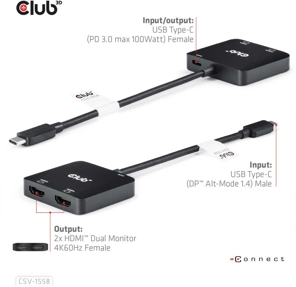 Club 3D Club3D vaizdo šakotuvas MST USB-C su 2xHDMI + USB-C PD 3.0, 4K60Hz
