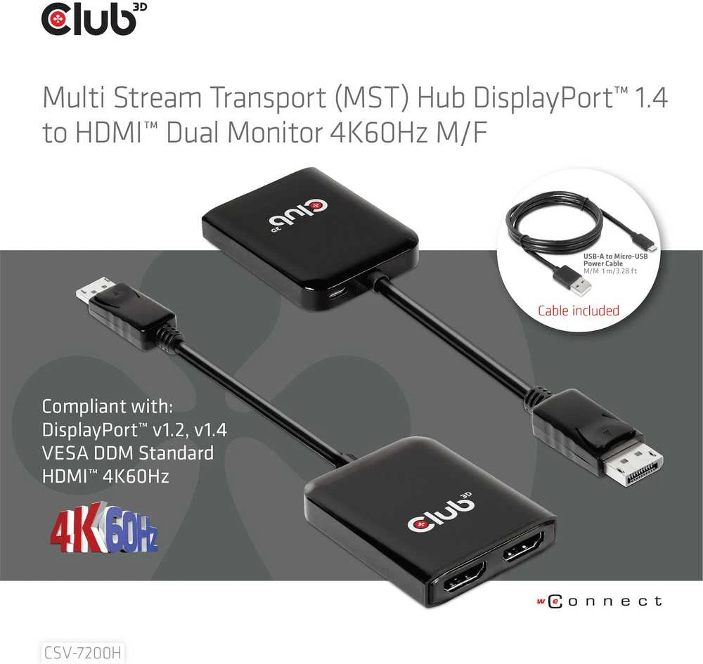 Club 3D Club3D šakotuvas MST (Multi Stream Transport) DisplayPort 1.4 ir 2xHDMI Dual Monitorius 4K60Hz (M/F)