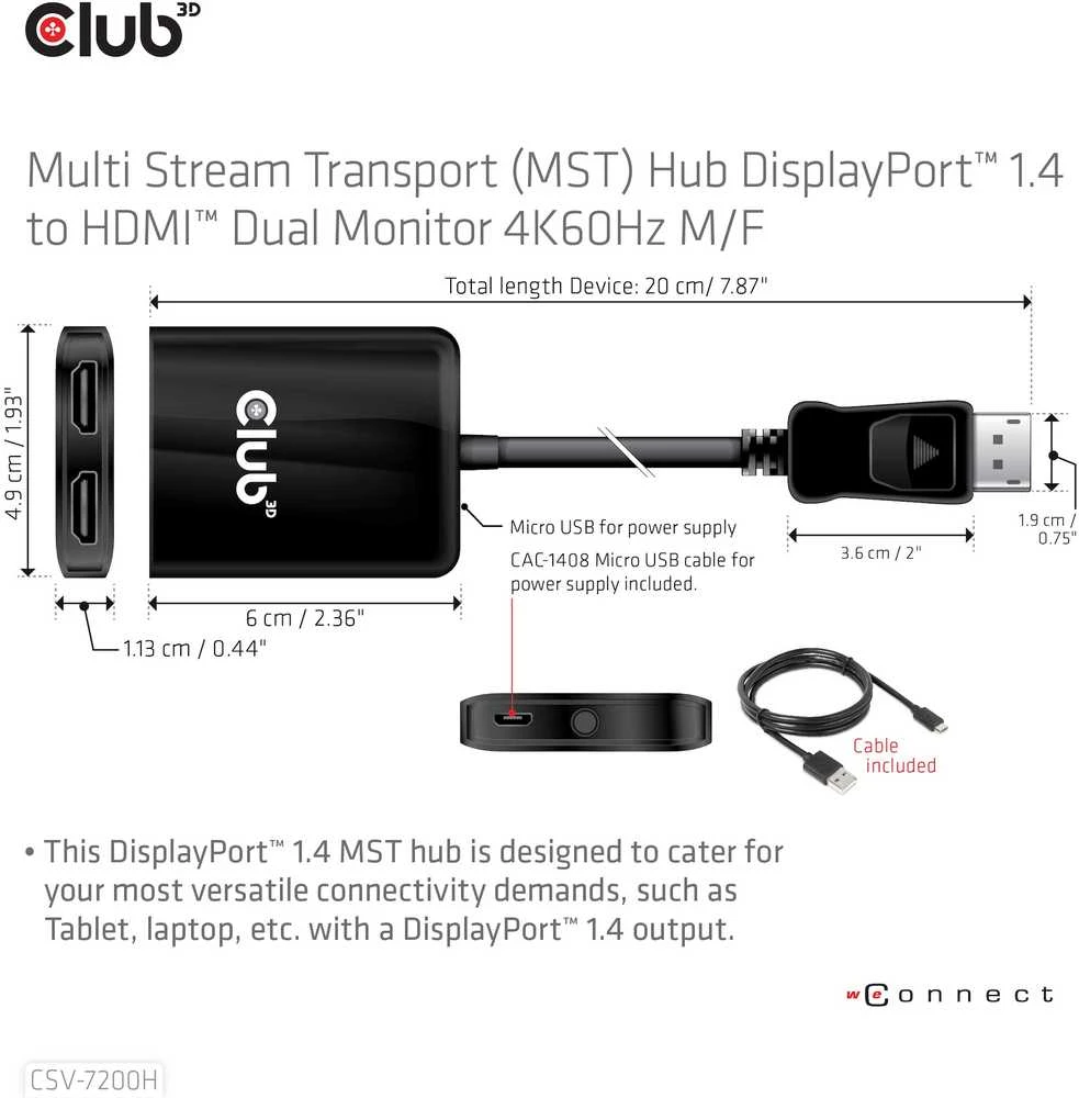 Club 3D Club3D šakotuvas MST (Multi Stream Transport) DisplayPort 1.4 ir 2xHDMI Dual Monitorius 4K60Hz (M/F)