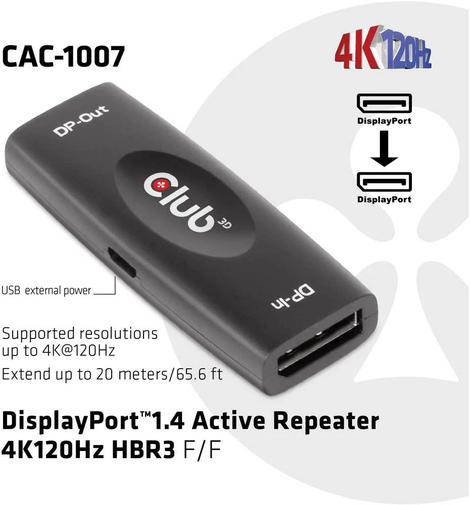 CLUB 3D CAC-1007 DisplayPort 1.4 aktyvus kartotuvas 4K120Hz HBR3 F/F