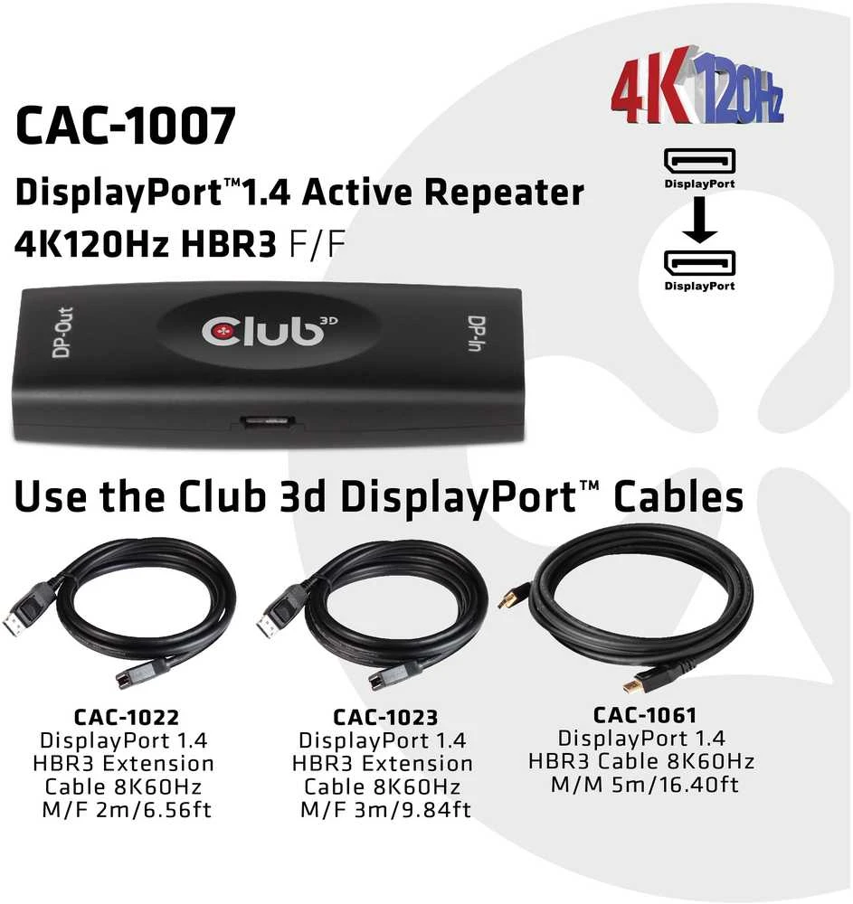 CLUB 3D CAC-1007 DisplayPort 1.4 aktyvus kartotuvas 4K120Hz HBR3 F/F