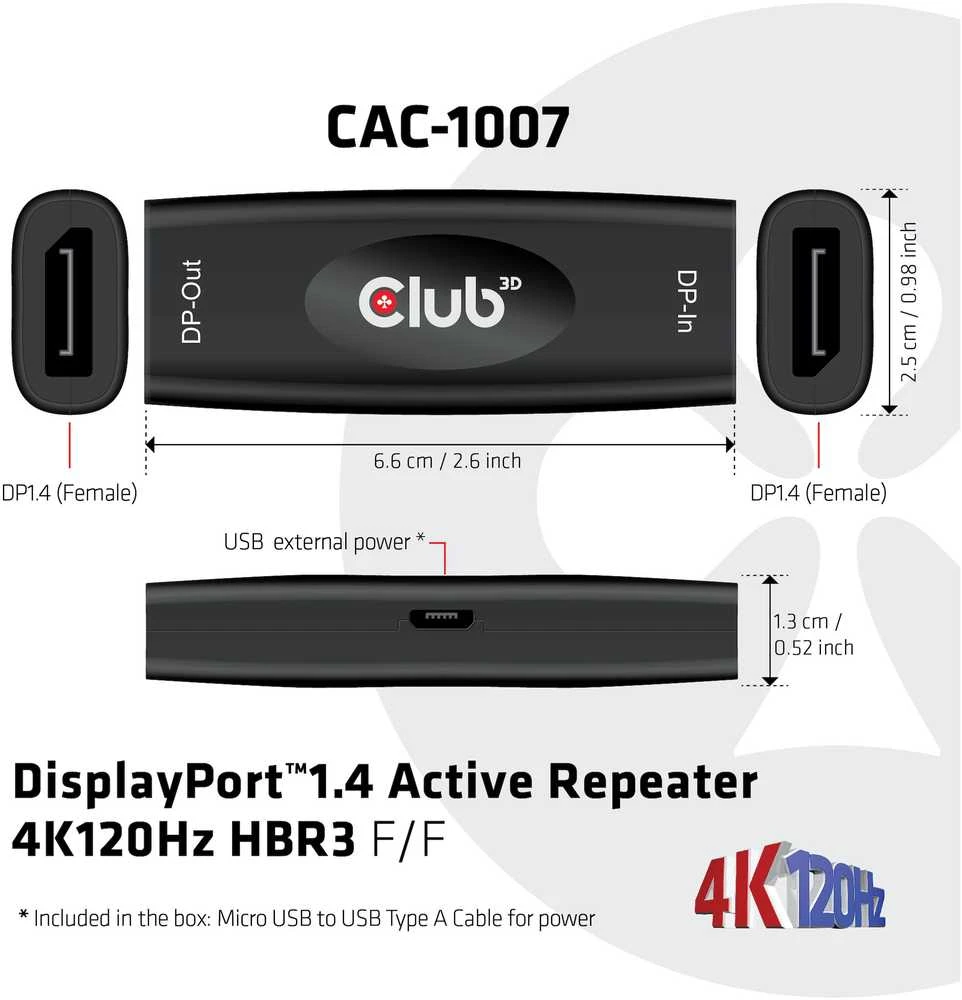 CLUB 3D CAC-1007 DisplayPort 1.4 aktyvus kartotuvas 4K120Hz HBR3 F/F