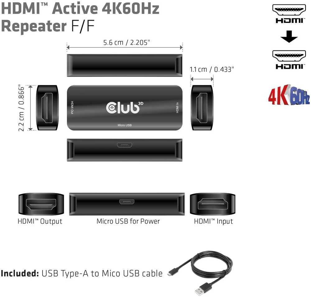 Club 3D Club3D adapteris aktyvus HDMI 4K60Hz (F/F), juodas