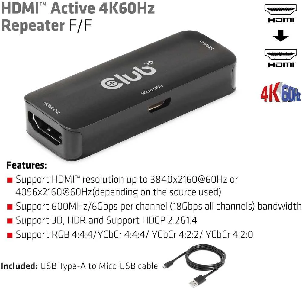 Club 3D Club3D adapteris aktyvus HDMI 4K60Hz (F/F), juodas