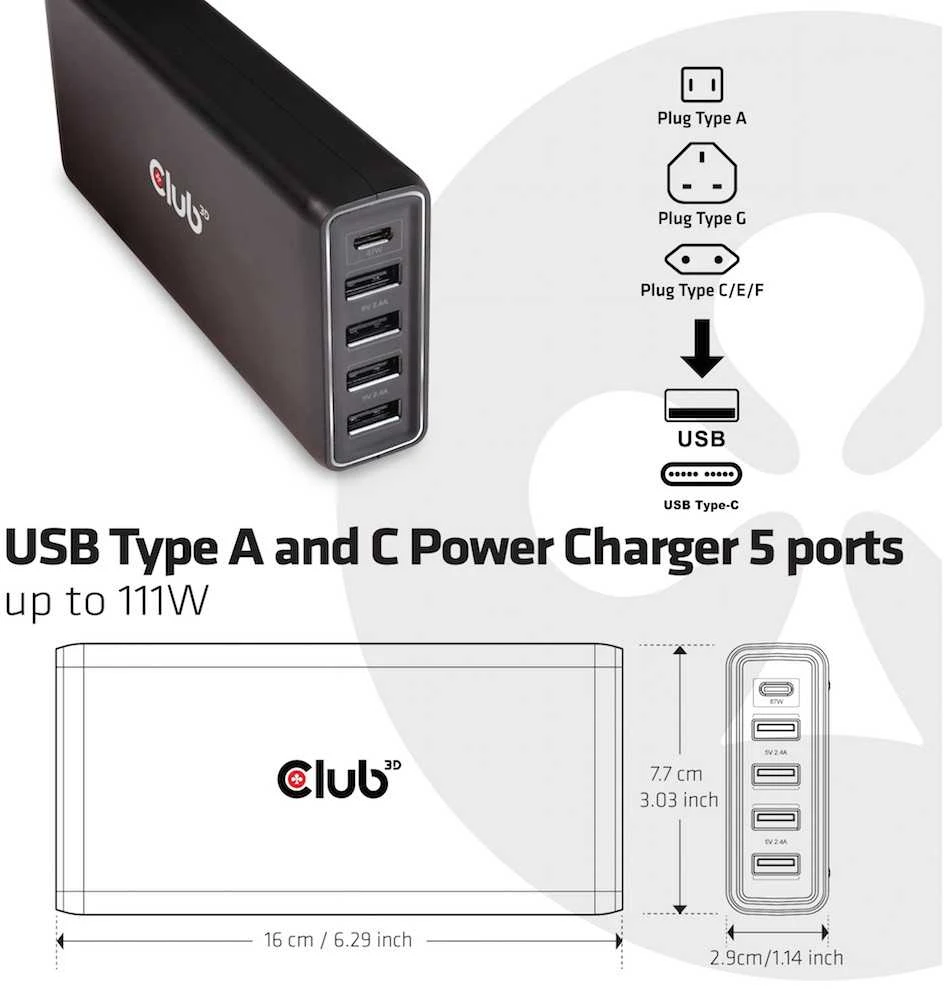 Club 3D CAC-1903EU 4x USB-A 1x USB-C 4,8 A įkroviklis (CAC-1903EU)