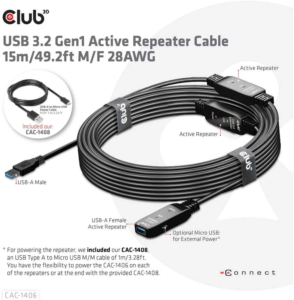 Goobay CLUB 3D CAC-1406 USB 3.2 Gen1 aktyvaus kartotuvo kabelis 15m M/F 28AWG