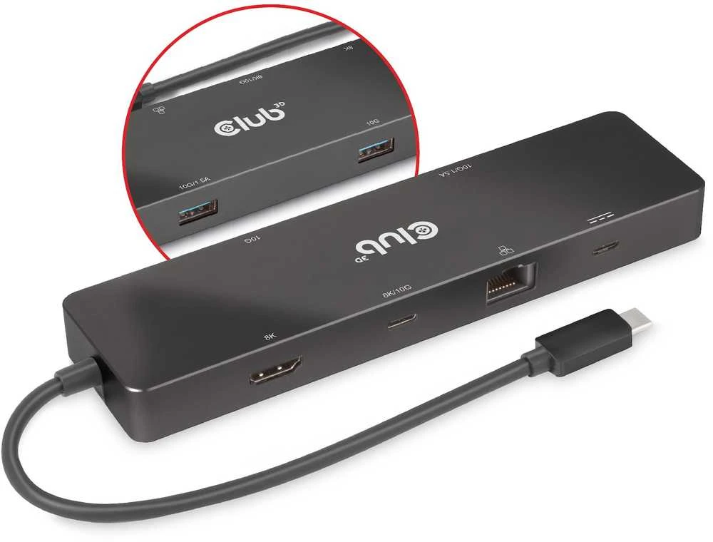 HUB USB Club 3D Club 3D dokumetas USB-C 3.2 Gen1 6in1 Hub 1x USB-C Video 4K60Hz, 1x HDMI 4K60Hz, 2x USB-A, USB-C PD 100W, RJ45