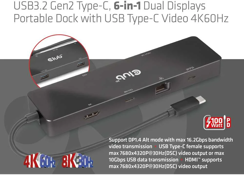 HUB USB Club 3D Club 3D dokumetas USB-C 3.2 Gen1 6in1 Hub 1x USB-C Video 4K60Hz, 1x HDMI 4K60Hz, 2x USB-A, USB-C PD 100W, RJ45