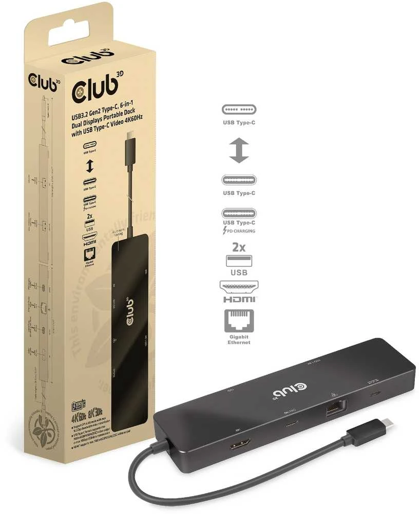 HUB USB Club 3D Club 3D dokumetas USB-C 3.2 Gen1 6in1 Hub 1x USB-C Video 4K60Hz, 1x HDMI 4K60Hz, 2x USB-A, USB-C PD 100W, RJ45