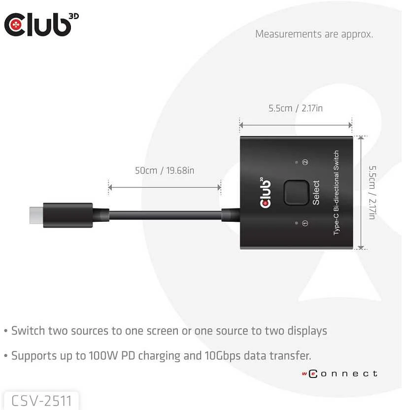 Club 3D „Club3D“ jungiklis, USB-C į 2xUSB-C dvipusis 2in1, 8K60Hz, 4K120Hz, PD 100W