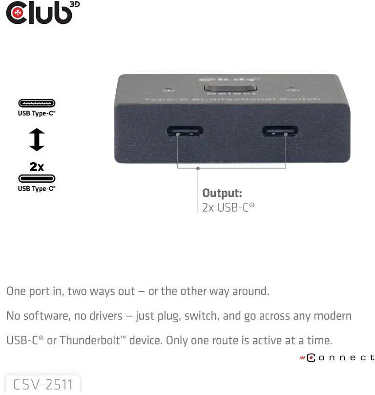 Club 3D „Club3D“ jungiklis, USB-C į 2xUSB-C dvipusis 2in1, 8K60Hz, 4K120Hz, PD 100W