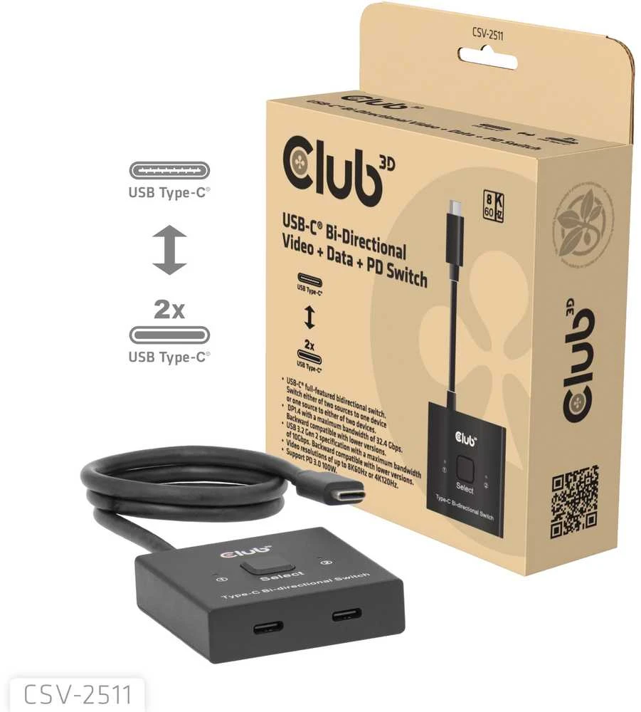 Club 3D „Club3D“ jungiklis, USB-C į 2xUSB-C dvipusis 2in1, 8K60Hz, 4K120Hz, PD 100W