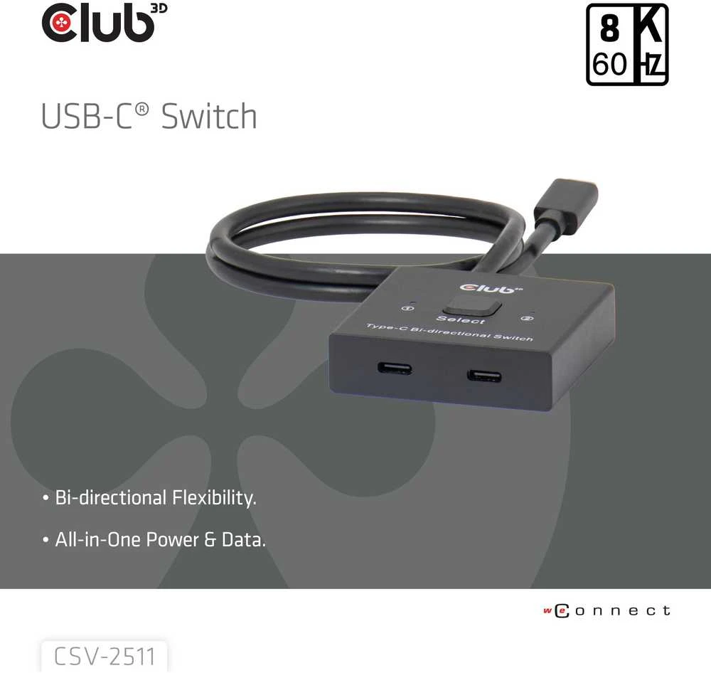 Club 3D „Club3D“ jungiklis, USB-C į 2xUSB-C dvipusis 2in1, 8K60Hz, 4K120Hz, PD 100W