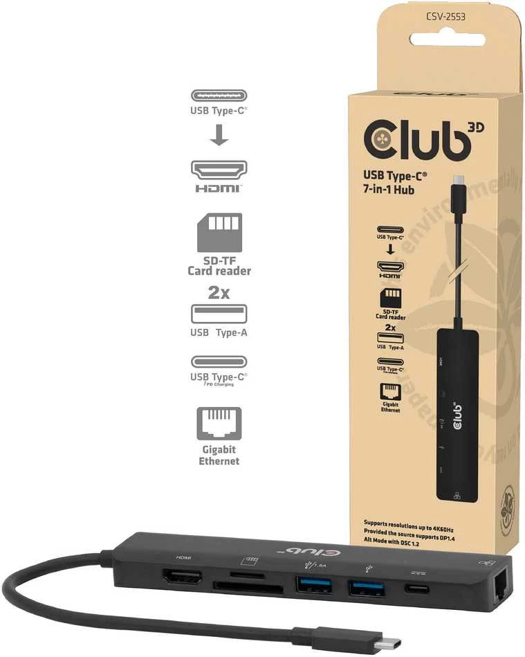 Club 3D CLUB3D CSV-2553 USB C tipo šakotuvai ir koncentratoriai 5000 Mbit/s juodas