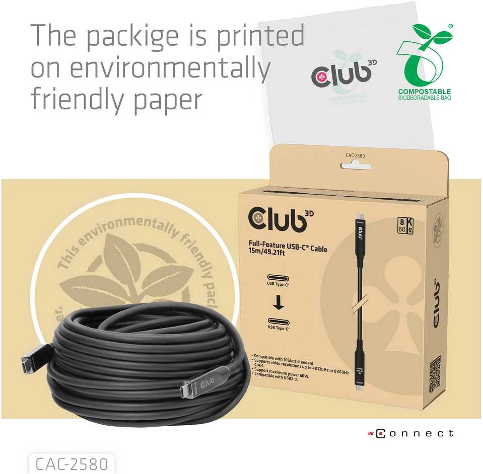 Kabelis USB Club 3D USB-C - USB-C 15 m Juodas (CAC-2580)