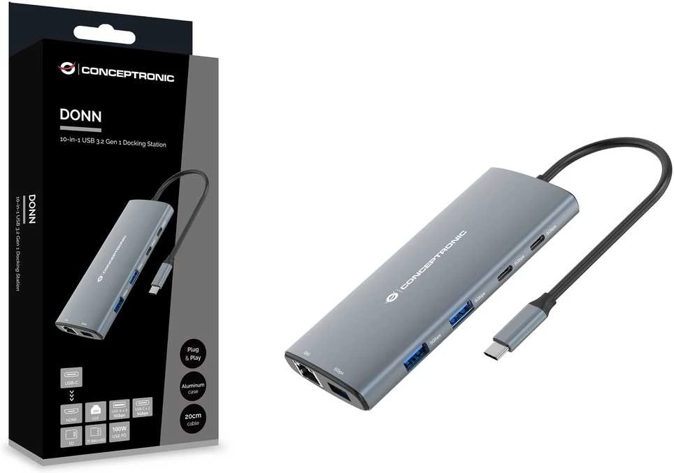 „Carruzzo Conceptronic DONN06G“ vielinis USB 3.2 Gen 1 (3.1 Gen 1) Type-C pilkas