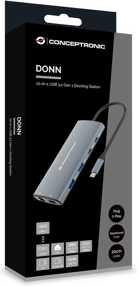 „Carruzzo Conceptronic DONN06G“ vielinis USB 3.2 Gen 1 (3.1 Gen 1) Type-C pilkas