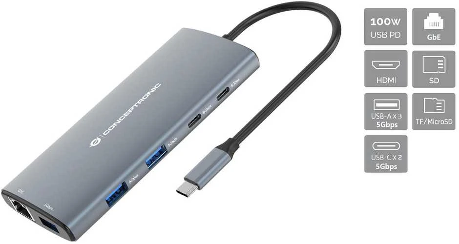 Conceptronic 10-in-1 USB-C dokas su jungčių schemomis