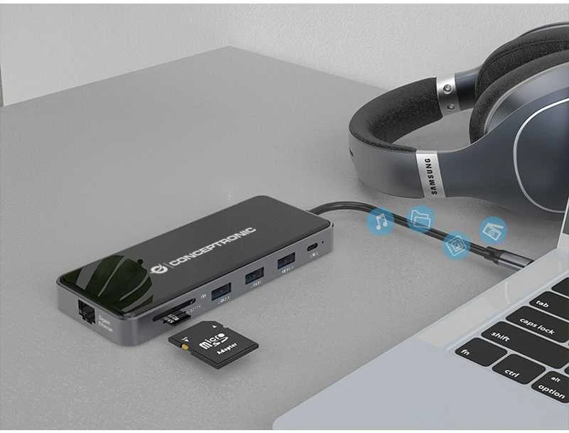 Carruzzo Conceptronic DONN15G knyginių kompiuterių dokas / jungčių replikatorius Vielinis USB 3.2 Gen 1 (3.1 Gen 1) Type-C Pilka