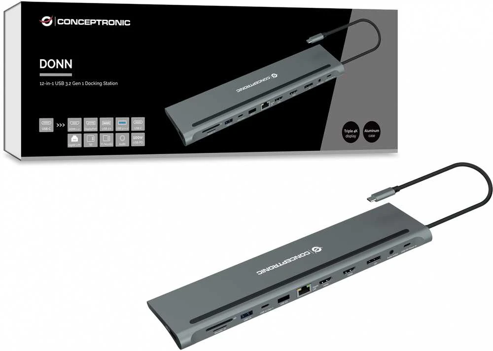 Carruzzo Conceptronic DONN17G knyginių kompiuterių dokas / jungčių replikatorius Vielinis USB 3.2 Gen 1 (3.1 Gen 1) Type-C Pilka