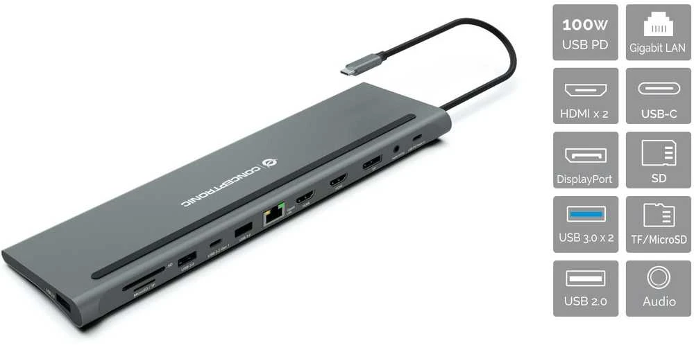 Carruzzo Conceptronic DONN17G knyginių kompiuterių dokas / jungčių replikatorius Vielinis USB 3.2 Gen 1 (3.1 Gen 1) Type-C Pilka