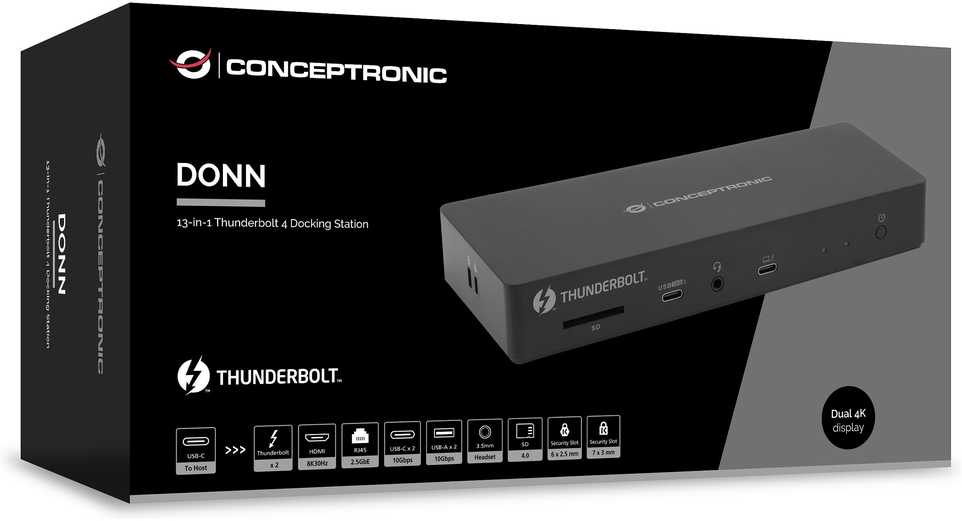Carruzzo Conceptronic DONN30B knyginių kompiuterių dokas / jungčių replikatorius Vielinis Thunderbolt 4 Juoda