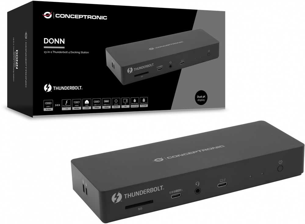 Carruzzo Conceptronic DONN30B knyginių kompiuterių dokas / jungčių replikatorius Vielinis Thunderbolt 4 Juoda