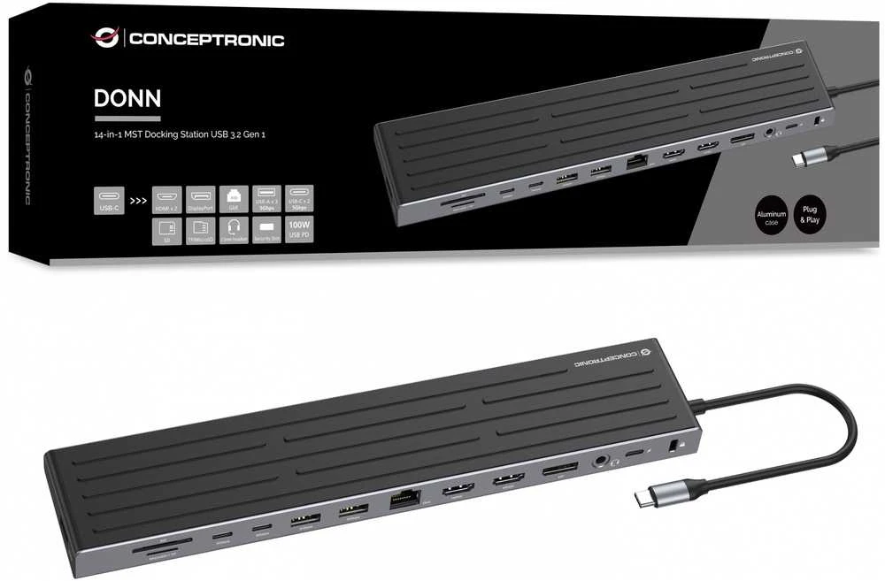 Carruzzo Conceptronic DONN32B knyginių kompiuterių dokas / jungčių replikatorius Vielinis USB 3.2 Gen 1 (3.1 Gen 1) Type-C Pilka, Sidabras