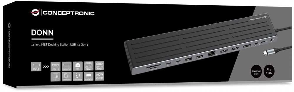 Carruzzo Conceptronic DONN32B knyginių kompiuterių dokas / jungčių replikatorius Vielinis USB 3.2 Gen 1 (3.1 Gen 1) Type-C Pilka, Sidabras