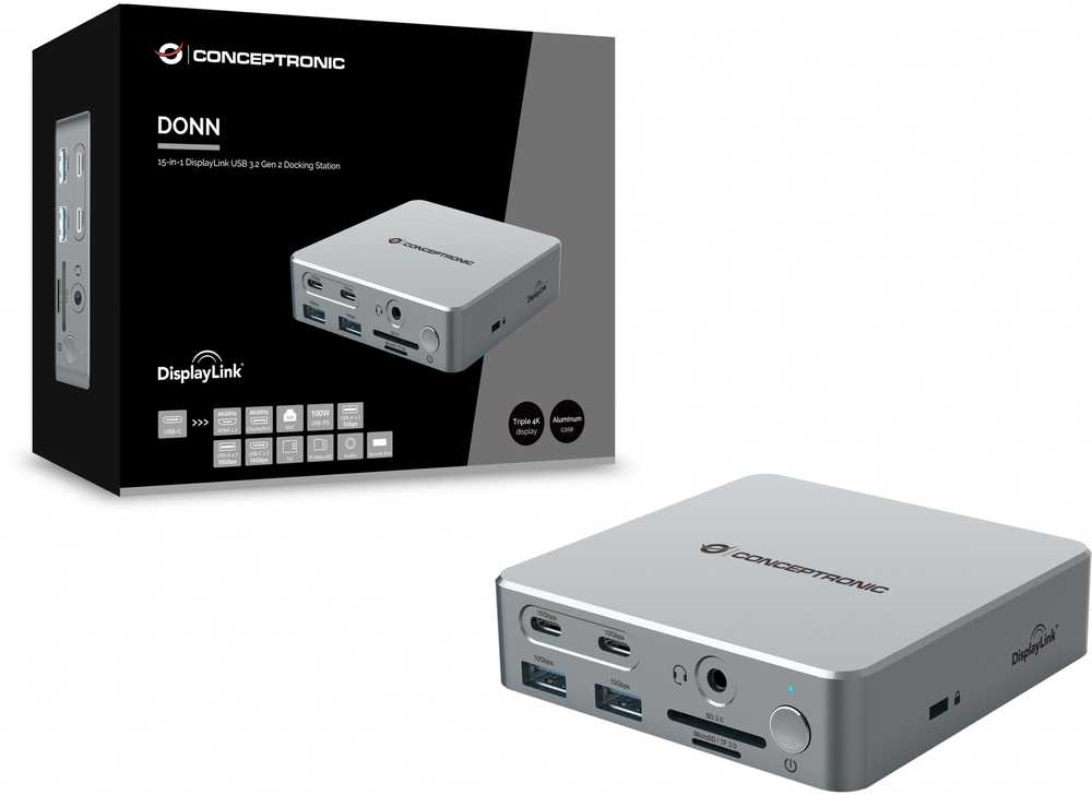 Carruzzo Conceptronic DONN25G knyginių kompiuterių dokas / jungčių replikatorius Vielinis USB 3.2 Gen 2 (3.1 Gen 2) Type-C Sidabras