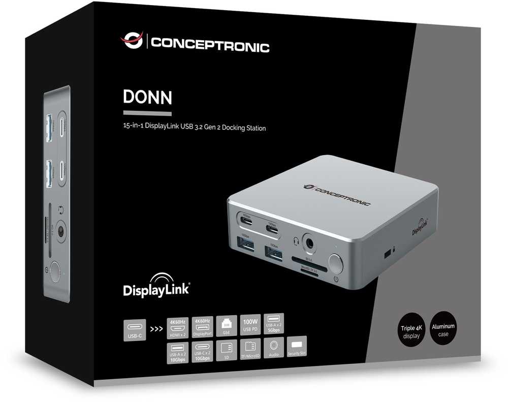 Carruzzo Conceptronic DONN25G knyginių kompiuterių dokas / jungčių replikatorius Vielinis USB 3.2 Gen 2 (3.1 Gen 2) Type-C Sidabras