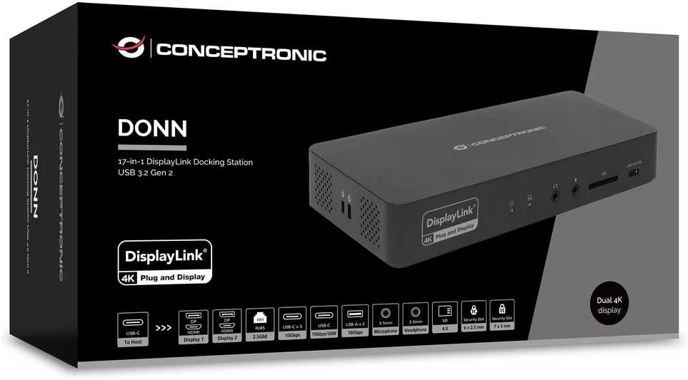 Carruzzo Conceptronic DONN31B knyginių kompiuterių dokas / jungčių replikatorius Vielinis USB 3.2 Gen 2 (3.1 Gen 2) Type-C Juoda