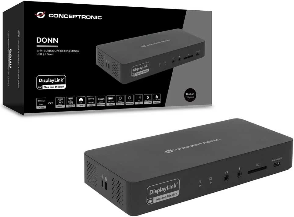Carruzzo Conceptronic DONN31B knyginių kompiuterių dokas / jungčių replikatorius Vielinis USB 3.2 Gen 2 (3.1 Gen 2) Type-C Juoda