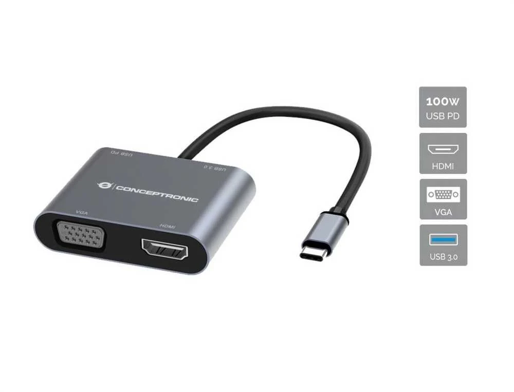 Adapteris AV Conceptronic CONCEPTRONIC Dock USB-C->HDMI,VGA,USB3.0,100WPD 0.15m gr