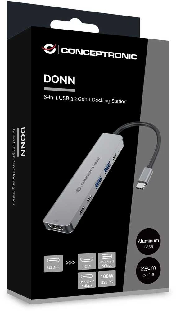 „Conceptronic CONCEPTRONIC 6-1“ laikiklis, USB-C->HDMI, 2xUSB-A, 3xUSB-C, + 25 cm