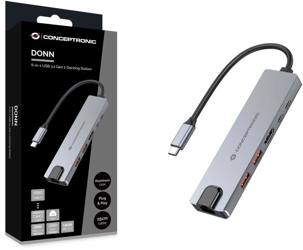 Carruzzo Conceptronic DONN29G knyginių kompiuterių dokas / jungčių replikatorius Vielinis USB 3.2 Gen 2 (3.1 Gen 2) Type-C Pilka