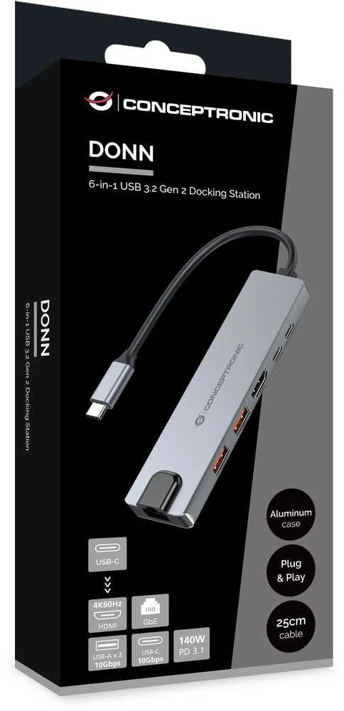 Carruzzo Conceptronic DONN29G knyginių kompiuterių dokas / jungčių replikatorius Vielinis USB 3.2 Gen 2 (3.1 Gen 2) Type-C Pilka
