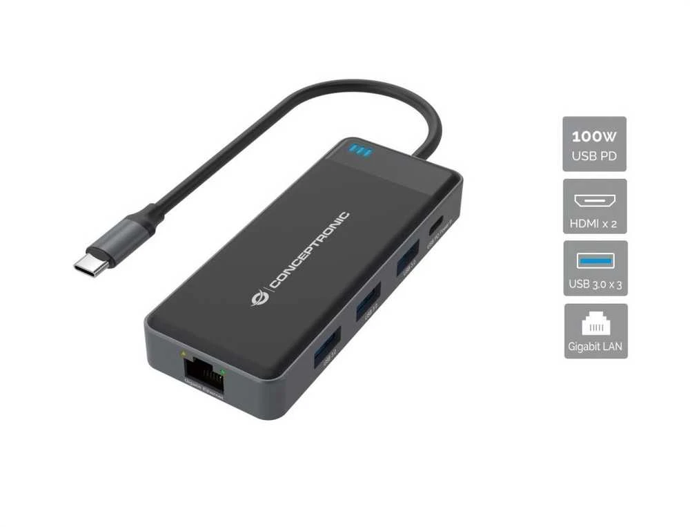 Carruzzo Conceptronic DONN14G knyginių kompiuterių dokas / jungčių replikatorius Vielinis USB 3.2 Gen 1 (3.1 Gen 1) Type-C Pilka
